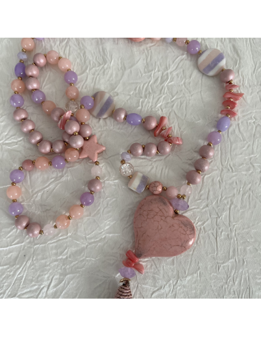 Collier bohème rose pâle coeur